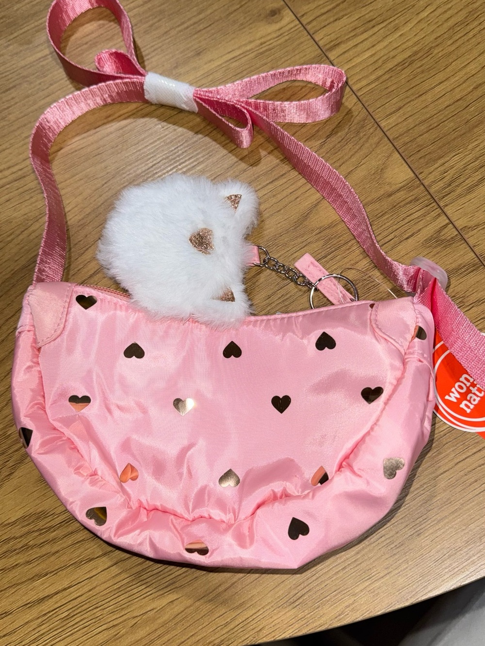wonder nation Pink Heart Crossbody Bag with White Pom Keychain